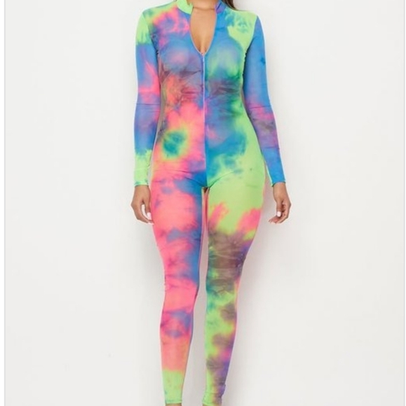 Long Sleeve Multi Neon Color Tie Dye Mesh Jumpsuit - Picture 5 of 8
